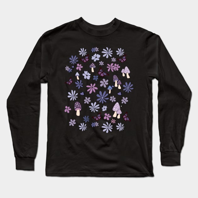 Lilac Flowers Butterflies and Mushrooms Cottagecore Aesthetic Long Sleeve T-Shirt by YourGoods